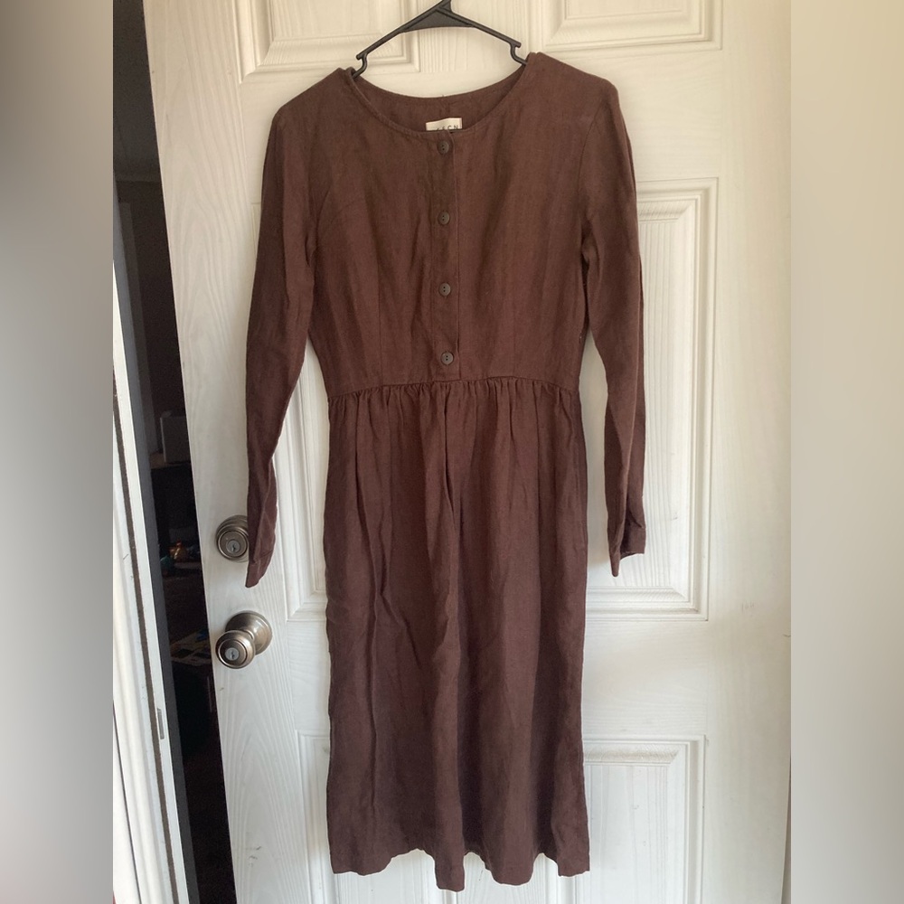 OffOn linen Chocolate Long Sleeve Dress